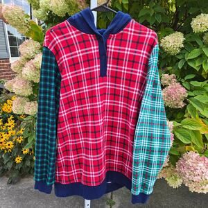 Lands' End Serious Sweats Hoodie Mixed Plaids Red Blue Green size Large (14-16)